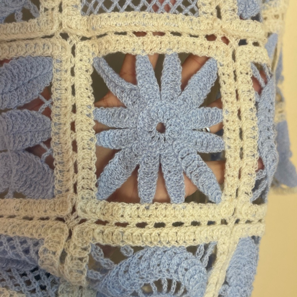 Ivory Crochet Lace Mini Dress S Granny Square Patchwork Boho Cottagecore Retro - Picture 6 of 14
